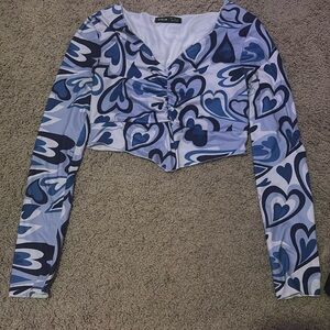 S Long Sleeve Blue Heart SHEIN Cropped Tee